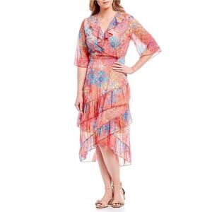 Reba Floral Ruffle Wrap Midi Dress Womens Size Medium Pink Blue A-Line